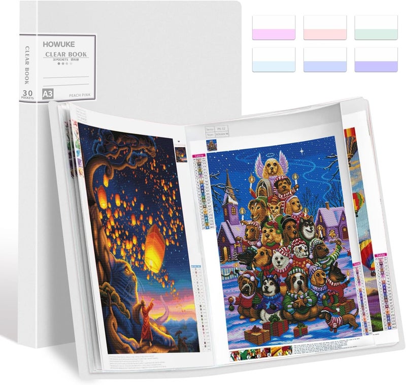 HOWUKE A3 Diamond Painting Storage Book, 60 Views Art Portfolio Presentations Folder with 30 Pages Protectors, 17.3x12.8in - Image 1